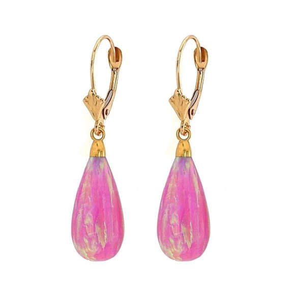14K Yellow Gold Teardrop Pink Fire Opal Leverback Dangle Earrings 1.5"